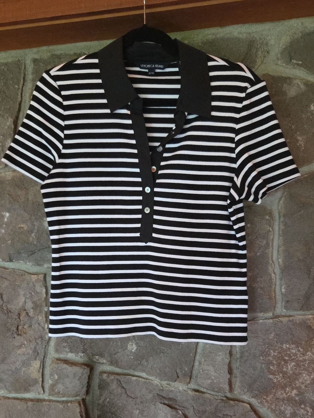 Veronica Beard Black & White Striped Short-Sleeve Polo